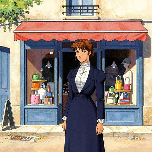 Digital illustration of a brown-haired woman in a black Victorian dress standing in front of a French shop with colorful handbags and an orange awning.