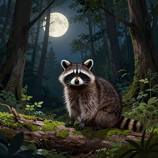 Digital art of a raccoon sitting on a moss-covered log in a dark, moonlit forest, with tall trees and dense foliage.