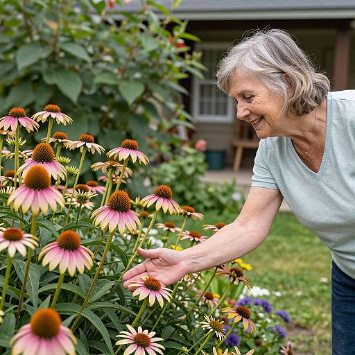 Senior Woman Tending Vibrant Echinacea