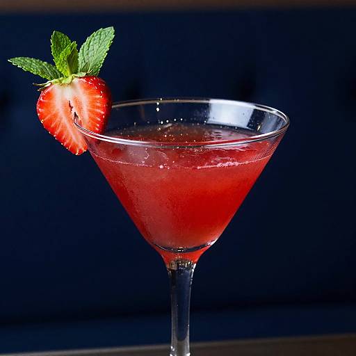 Photograph of a vibrant red cocktail in a clear martini glass, garnished with a fresh, bright red strawberry and green mint leaves, set against