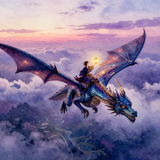 Digital artwork of a blue dragon with glowing eyes and illuminated wings, soaring above a cloudy landscape at sunset, carrying a silhouetted rider with a