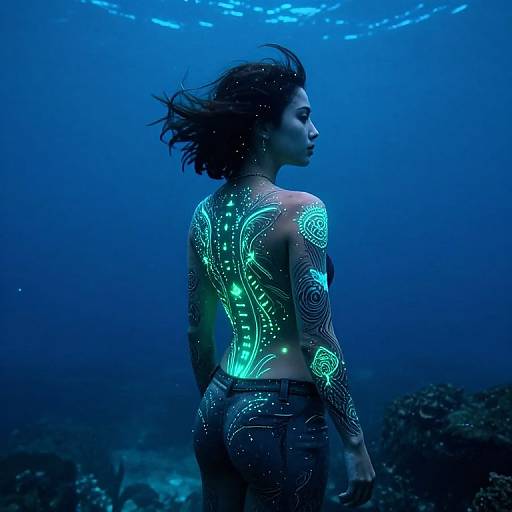Photograph of a woman with glowing, neon-blue tribal tattoos on her back and arms, standing underwater in a deep blue ocean, looking to the side