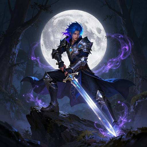 Digital fantasy artwork of a blue-haired warrior in black armor, wielding a glowing purple sword, standing on a rock under a full moon in a dark forest