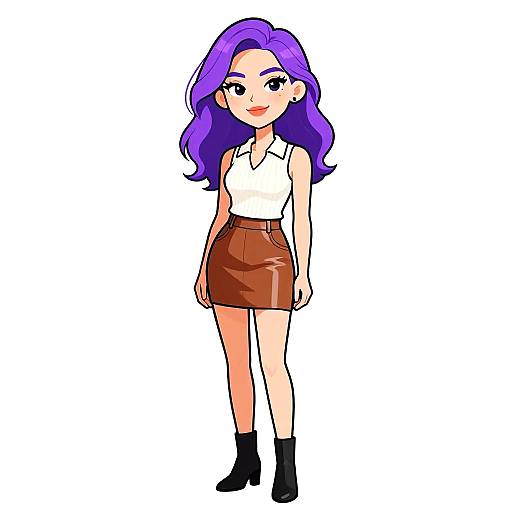 Digital drawing of a cute anime-style girl with purple hair, wearing a white sleeveless top, brown leather skirt, and black ankle boots.
