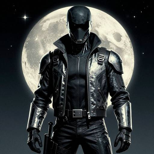 Silhouetted, armored figure with helmet, standing against a bright full moon, wearing leather jacket and gloves, holding gun, dark starry sky