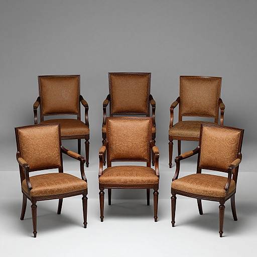 Photograph of six brown leather, wood-framed armchairs arranged in a semi-circle against a plain gray background.