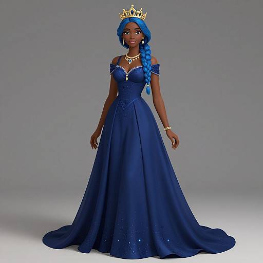 Photograph of a dark-skinned woman with blue braided hair wearing a royal blue off-shoulder ball gown, gold crown, necklace, and