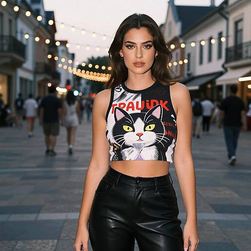 Photograph of a confident woman with dark hair, wearing a black crop top with white cat graphic and 