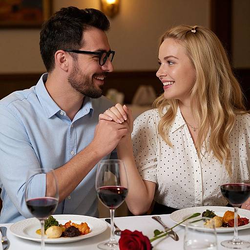 Photograph of a smiling, bearded man with dark hair and glasses, holding hands with a blonde woman in a white polka-dot blouse, dining