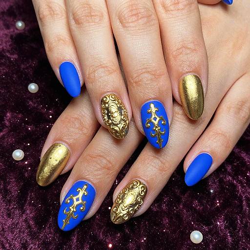 Baroque Gold and Royal Blue Nails