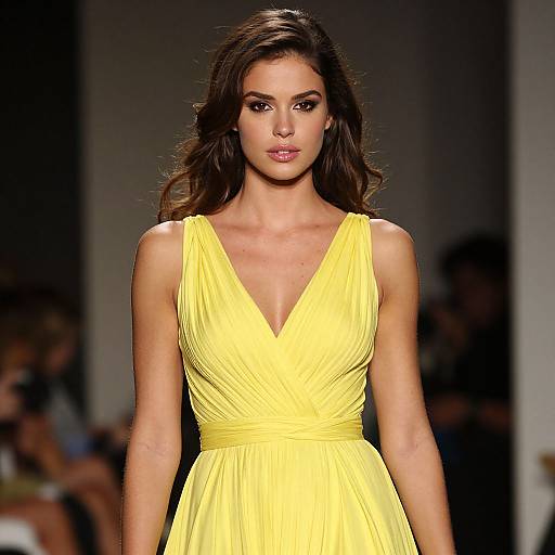 Photograph of a brunette model with wavy hair, wearing a sleeveless, deep V-neck, bright yellow dress, walking down a fashion runway.