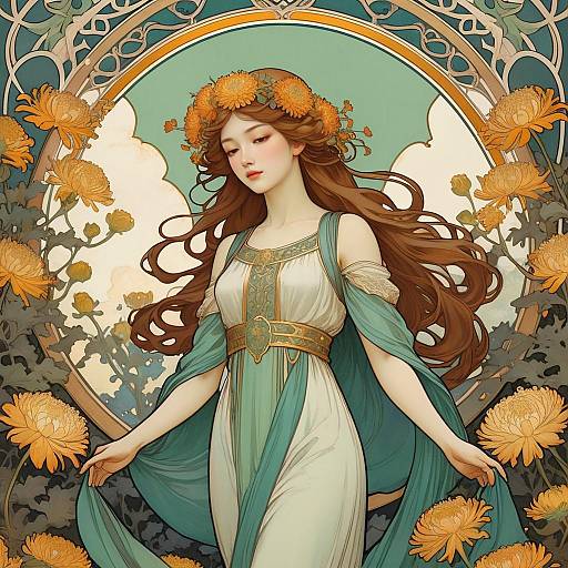 Art Nouveau Woman Among Chrysanthemums