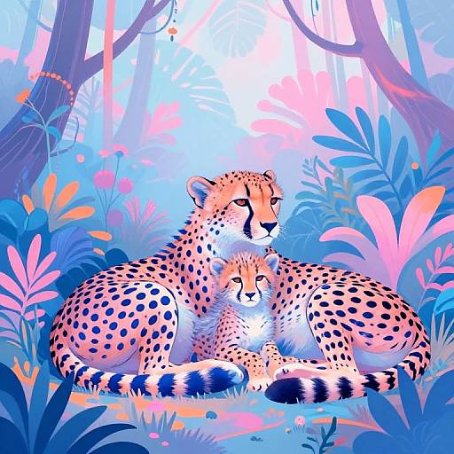 Digital illustration of a cheetah mother and her cub sitting together in a vibrant, colorful forest with blue and pink foliage.