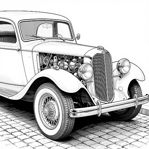 Black and white ink drawing of a vintage, classic car with a prominent grille, round headlights, and detailed tire treads on a cobblestone pavement