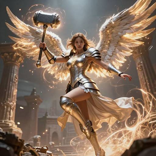 Digital art: Angelic warrior with golden armor, wings, and a flaming hammer, strides through a ruins-laden, fiery landscape. Dynamic pose,