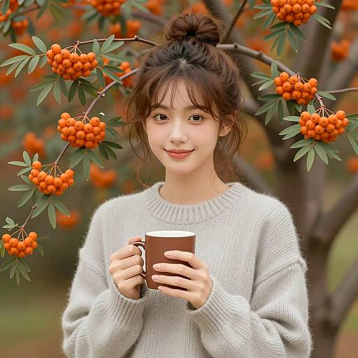 Autumn Serenity: Young Woman with Mug