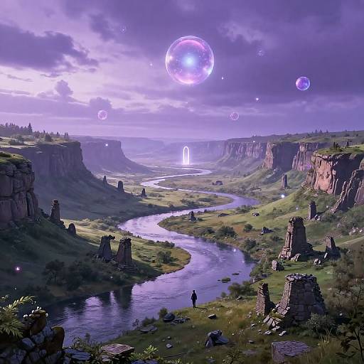 Digital fantasy landscape: purple-lit canyon with winding river, ancient stone ruins, glowing orbs in sky, lone figure, mystical atmosphere.