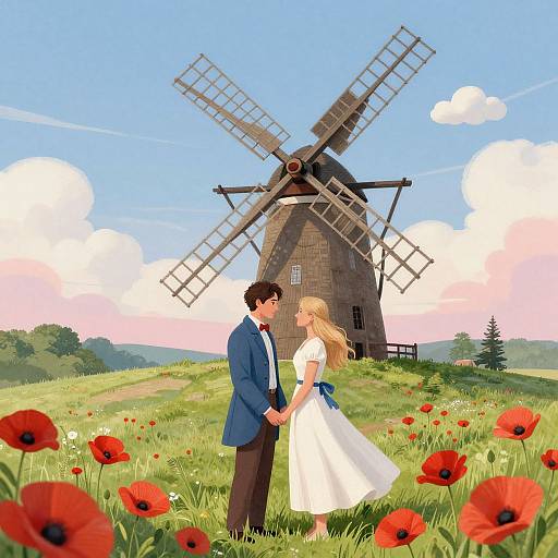 Digital art of a brown-haired man in a blue suit and a blonde woman in a white dress standing in a field of red poppies, holding hands
