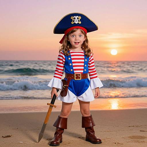 Photograph of a young girl in a pirate costume with striped shirt, blue vest, white shorts, brown boots, and pirate hat, holding a sword