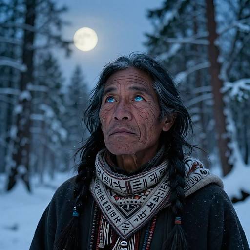 Photograph of a Native American elder with long black hair, blue glowing eyes, and weathered face, wearing a patterned scarf, in a snowy