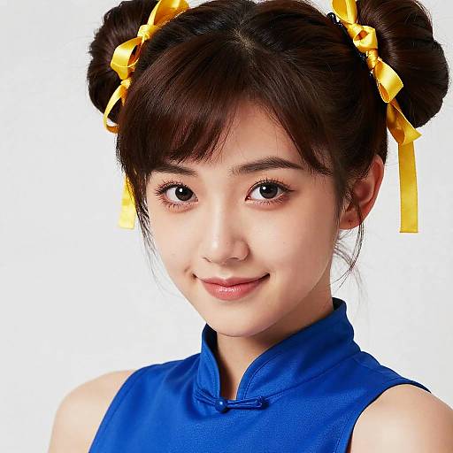 Photograph of a young Asian woman with fair skin, black hair in double buns, yellow ribbons, wearing a blue cheongsam, smiling