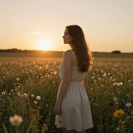Photograph of a woman with long, wavy brown hair in a white sundress, standing in a sunlit field of wildflowers at sunset,