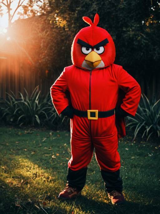 Person in Red Angry Birds Costume