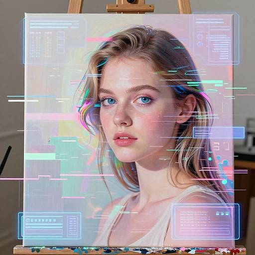 Digital portrait of a young woman with blue eyes and wavy brown hair, illuminated by neon lines and text overlays, displayed on an artist's easel