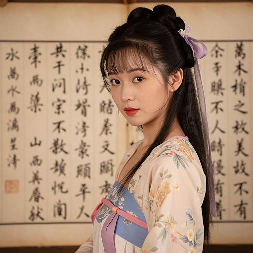 Photograph of an East Asian woman with long black hair in a floral kimono, purple ribbon, and red lipstick, standing in front of a traditional