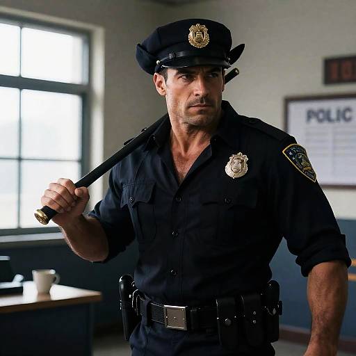 Police Officer in Station Holding Baton