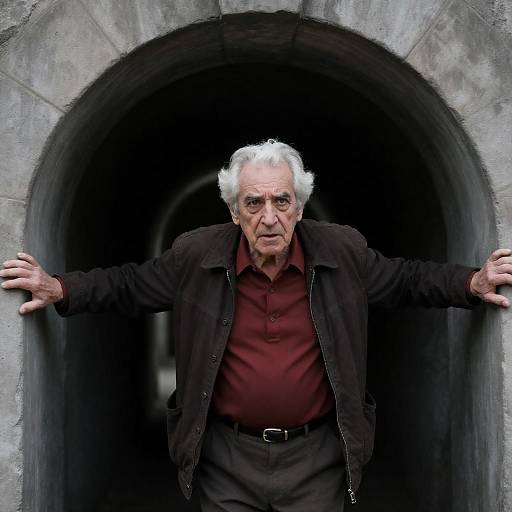 Elderly Man Emerging from Dark Tunnel