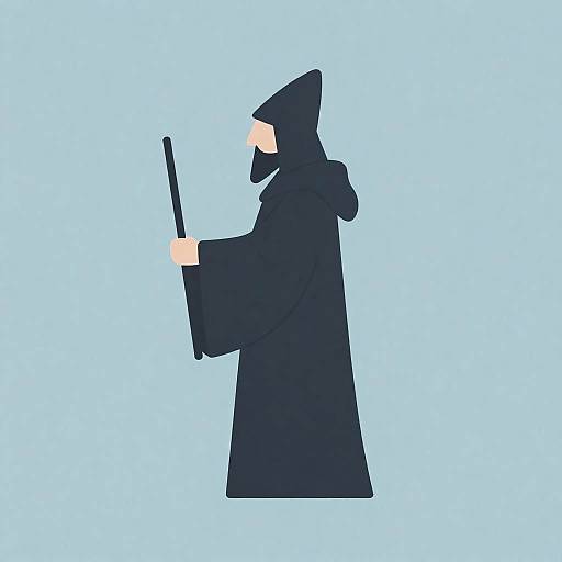 Simple digital illustration of a robed figure in dark blue, holding a black staff, set against a light blue background. Minimalist, flat colors.
