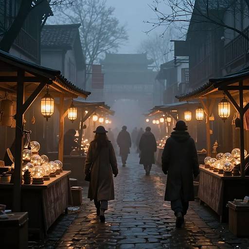 Misty Marketplace with Glowing Lanterns