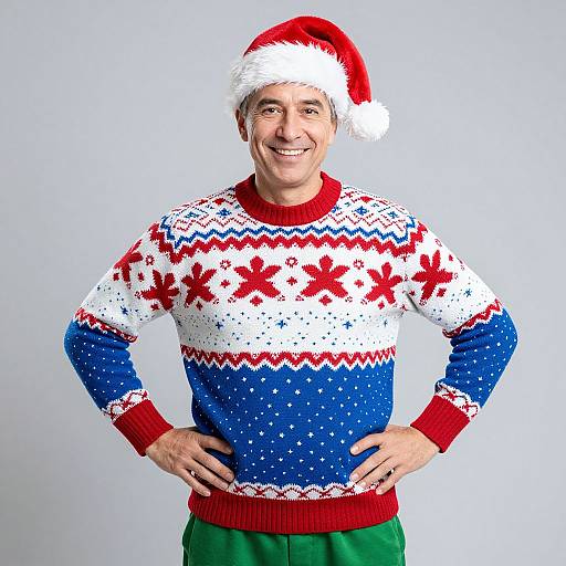 Photograph of a smiling middle-aged man in a red Santa hat, white, blue, and red Christmas sweater, and green pants, standing against a