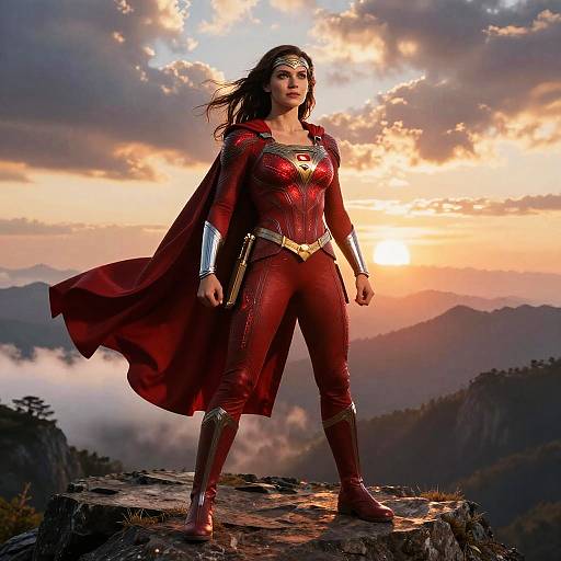 Photograph of Wonder Woman standing on a rocky mountain peak at sunset, wearing red armor, cape, and boots, with a dramatic, cloud-filled sky