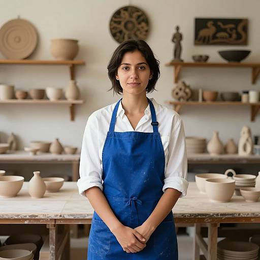 Photograph of a young woman with short black hair, wearing a white shirt and blue apron, standing in a pottery studio with shelves of clay pots