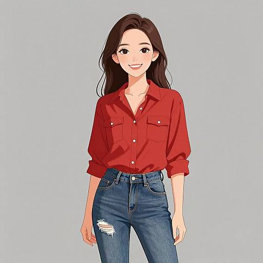 Anime-style digital drawing of a smiling woman with long brown hair, wearing a red button-up shirt and blue ripped jeans against a light blue background.