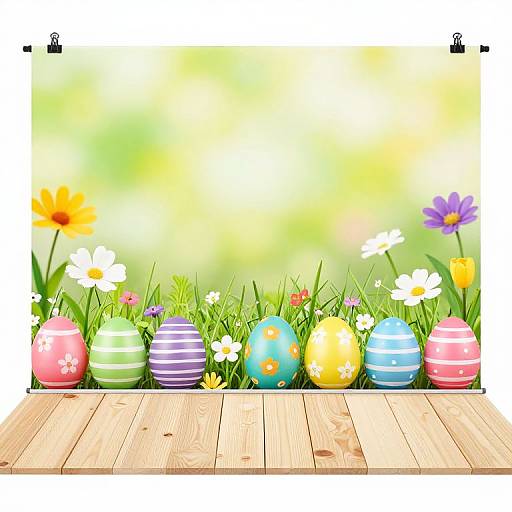 Vibrant Easter-themed photograph: colorful striped and patterned eggs on grass, surrounded by flowers, against a blurred green-yellow background, on a wooden