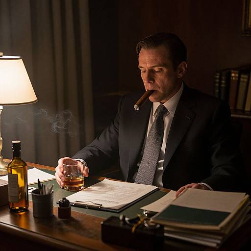 Photograph of a serious middle-aged man in a dark suit, smoking a cigar, holding a glass of whiskey, illuminated by a lamp, working at