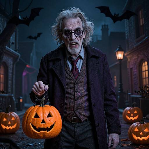 Photograph of an old, wild-haired man in Victorian attire with glasses, holding a glowing pumpkin, in a dark, eerie street with bats and jack