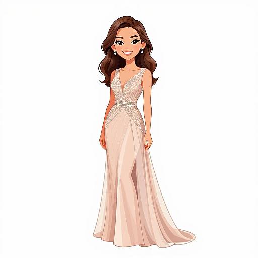 Digital illustration of a smiling woman with long brown hair, wearing an elegant, sleeveless, V-neck, light pink gown with intricate lace detailing.