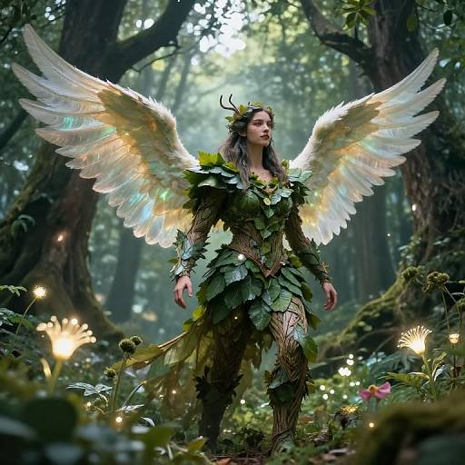 Photograph of a fairy-like woman with glowing white wings, leafy green dress, and antlers, standing in a mystical forest illuminated by fireflies