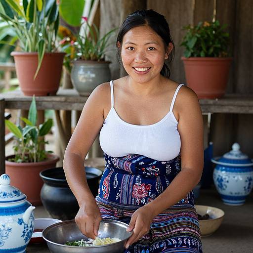 Photograph of a smiling Asian woman with black hair, wearing a white tank top and colorful patterned skirt, stirring a pot of food in a rustic