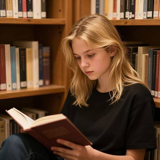 Photograph of a blonde young woman with fair skin, wearing a black t-shirt, sitting in a wooden bookshelf-filled room, intently reading a