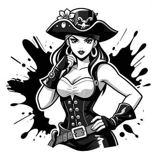 Black-and-white digital drawing of a confident pirate woman with large breasts, wearing a hat, corset, and belt, with splattered ink background.