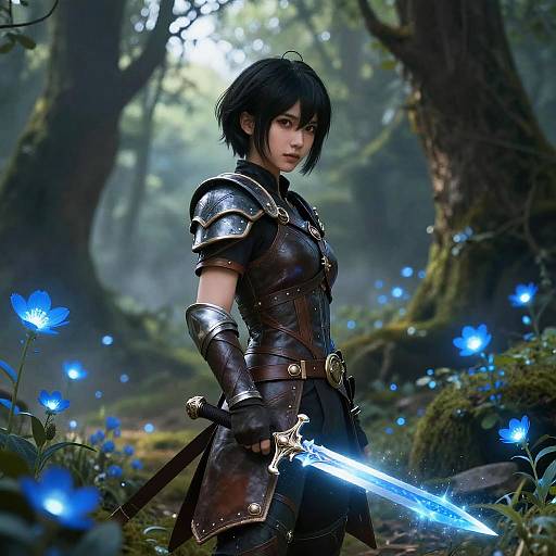 Digital art of a fierce, dark-haired, armored woman with glowing blue sword in enchanted forest, surrounded by ethereal blue flowers.