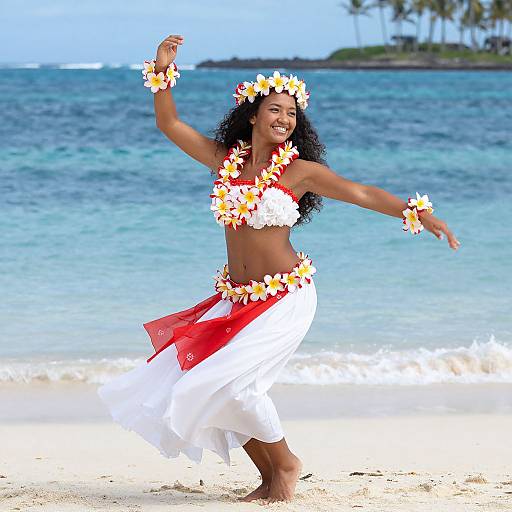 Photograph of a joyful Black woman with curly hair, wearing a floral headband, bra, and skirt, dancing on a sunny beach with turquoise ocean