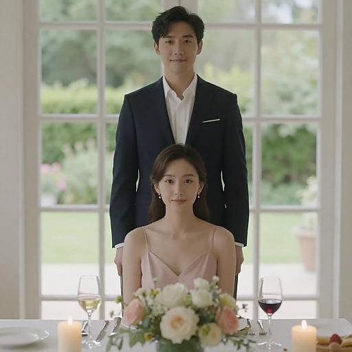 Sunlit Couple Portrait with Festive Table