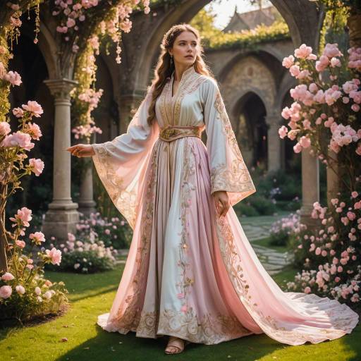Woman in Elegant Pastel Pink Medieval Robe in Garden