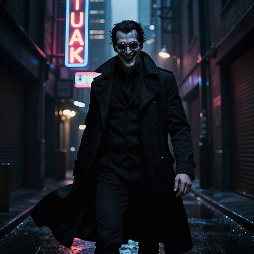 Neo-like cyberpunk man in black coat, glasses, and dark attire walks confidently down a neon-lit, rainy urban alley. Digital artwork.